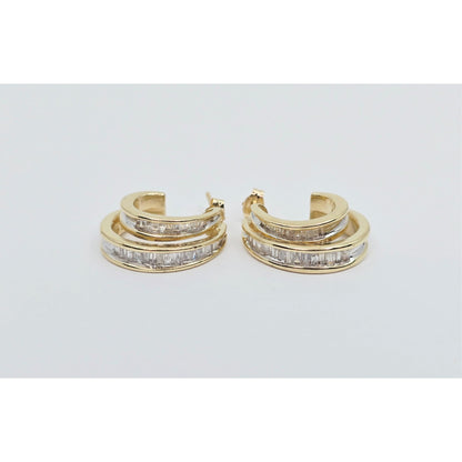 14K Yellow Gold Half Hoop Crescent Baguette Diamond Stud Earrings