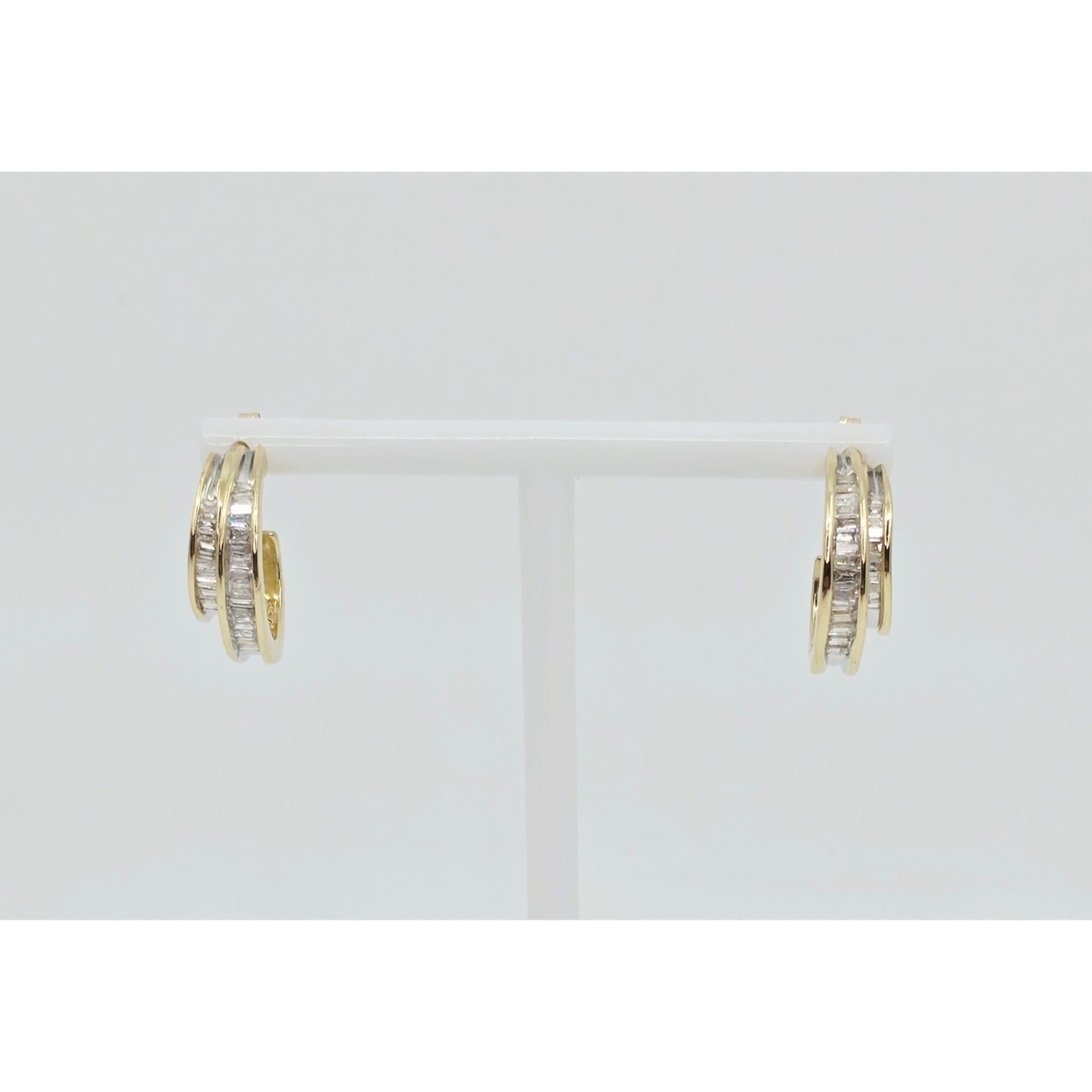 14K Yellow Gold Half Hoop Crescent Baguette Diamond Stud Earrings
