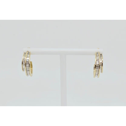 14K Yellow Gold Half Hoop Crescent Baguette Diamond Stud Earrings