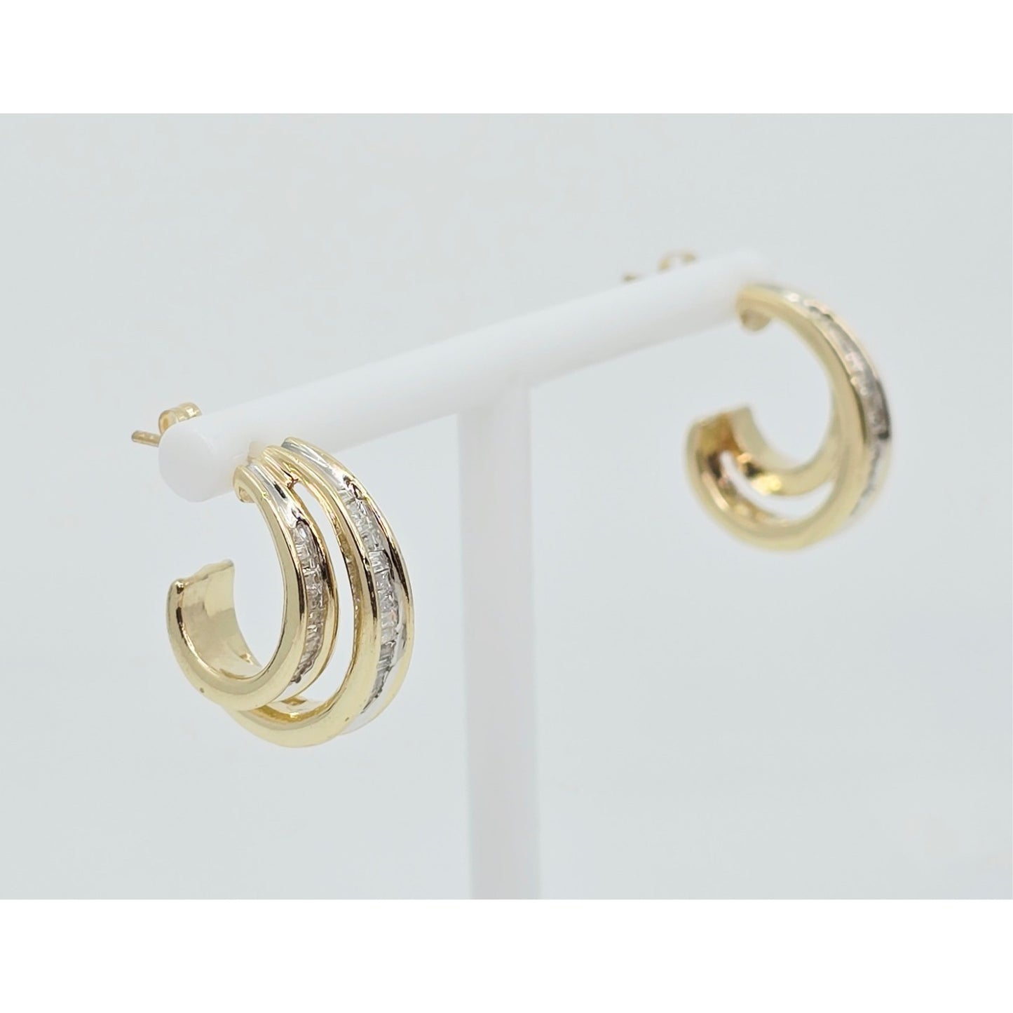 14K Yellow Gold Half Hoop Crescent Baguette Diamond Stud Earrings