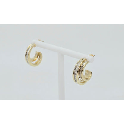 14K Yellow Gold Half Hoop Crescent Baguette Diamond Stud Earrings