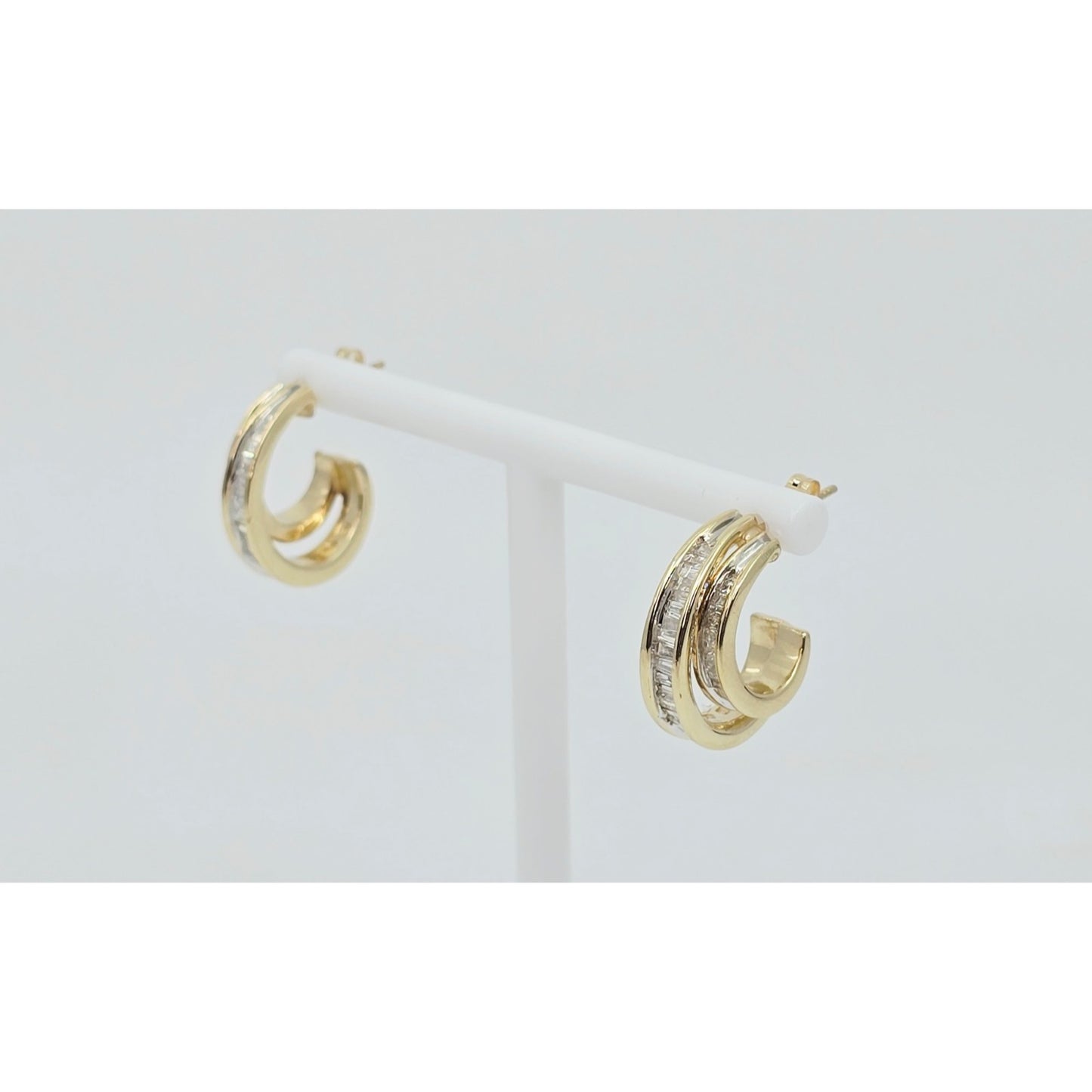 14K Yellow Gold Half Hoop Crescent Baguette Diamond Stud Earrings