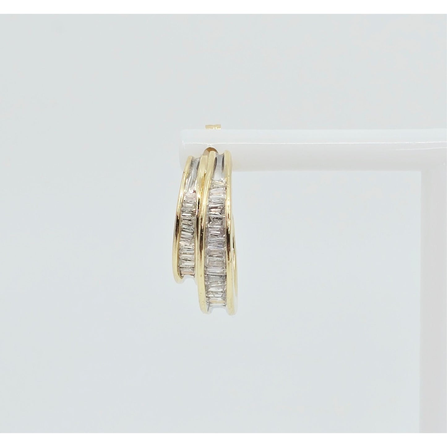 14K Yellow Gold Half Hoop Crescent Baguette Diamond Stud Earrings