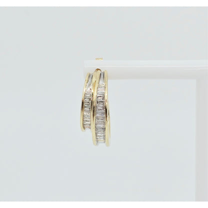 14K Yellow Gold Half Hoop Crescent Baguette Diamond Stud Earrings