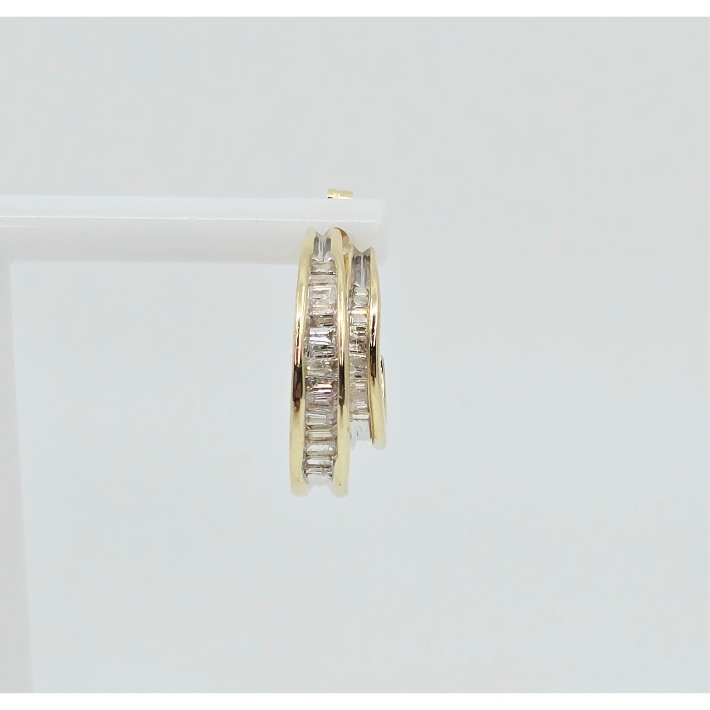 14K Yellow Gold Half Hoop Crescent Baguette Diamond Stud Earrings