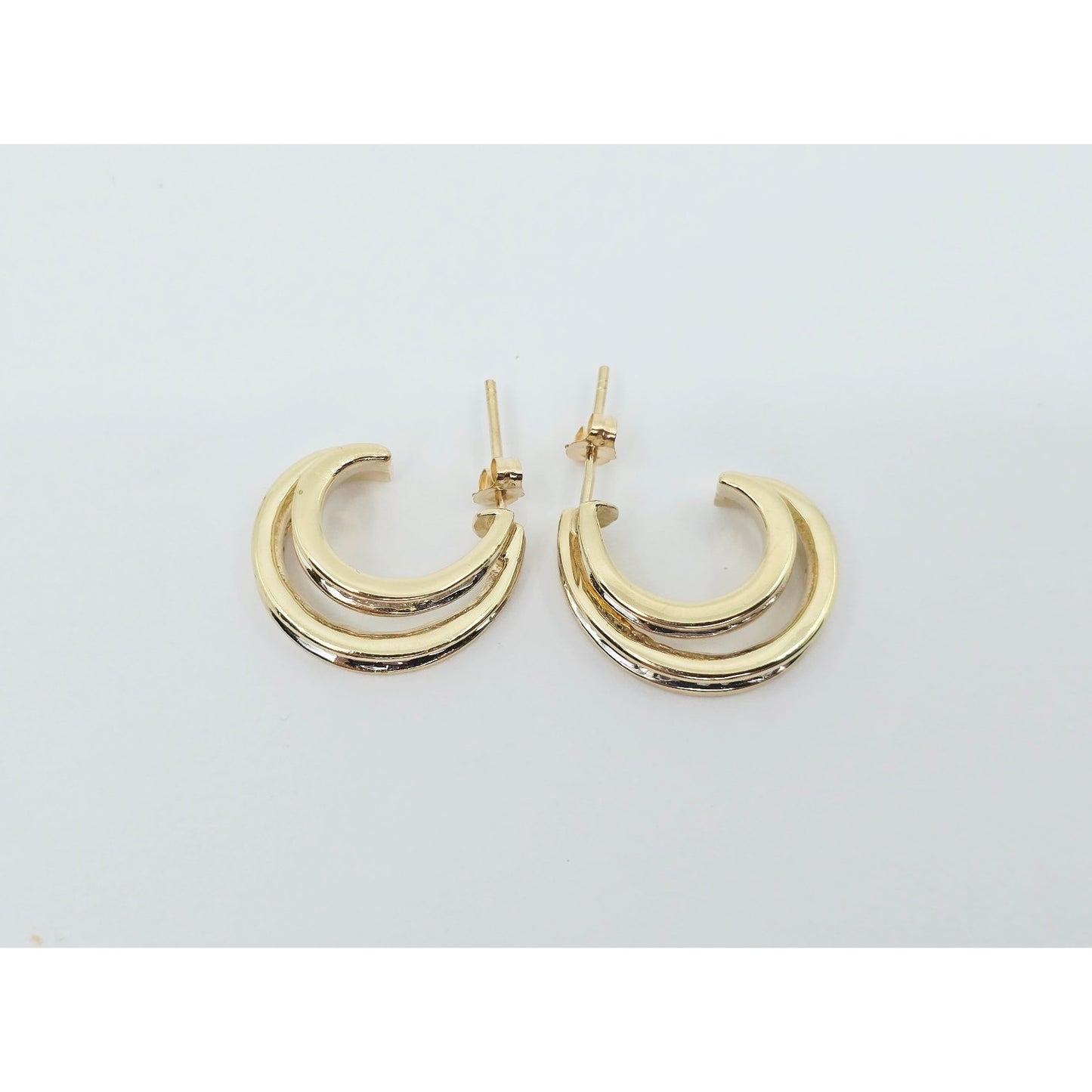 14K Yellow Gold Half Hoop Crescent Baguette Diamond Stud Earrings