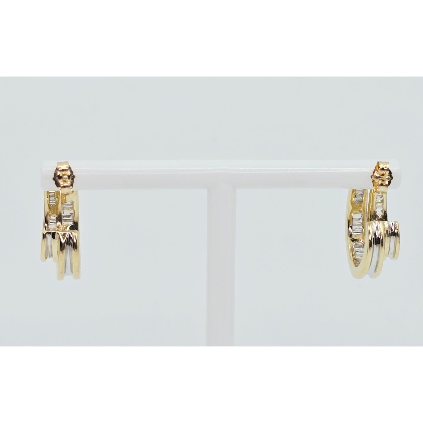 14K Yellow Gold Half Hoop Crescent Baguette Diamond Stud Earrings
