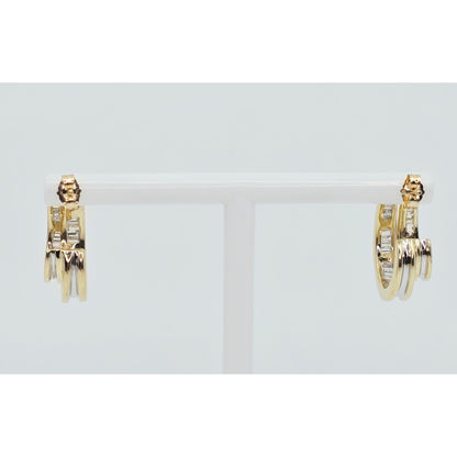 14K Yellow Gold Half Hoop Crescent Baguette Diamond Stud Earrings