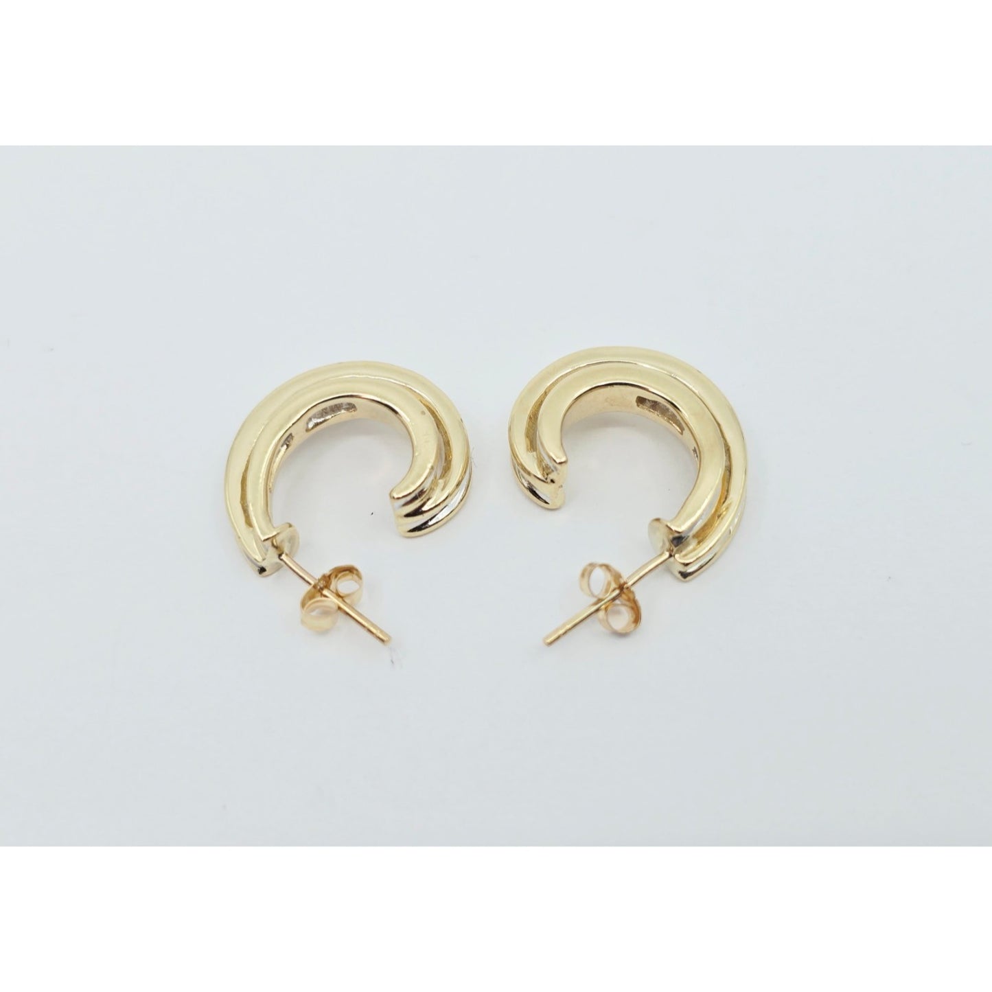 14K Yellow Gold Half Hoop Crescent Baguette Diamond Stud Earrings