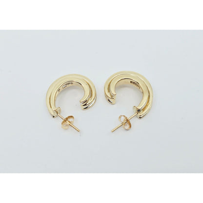 14K Yellow Gold Half Hoop Crescent Baguette Diamond Stud Earrings