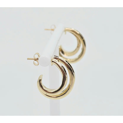 14K Yellow Gold Half Hoop Crescent Baguette Diamond Stud Earrings