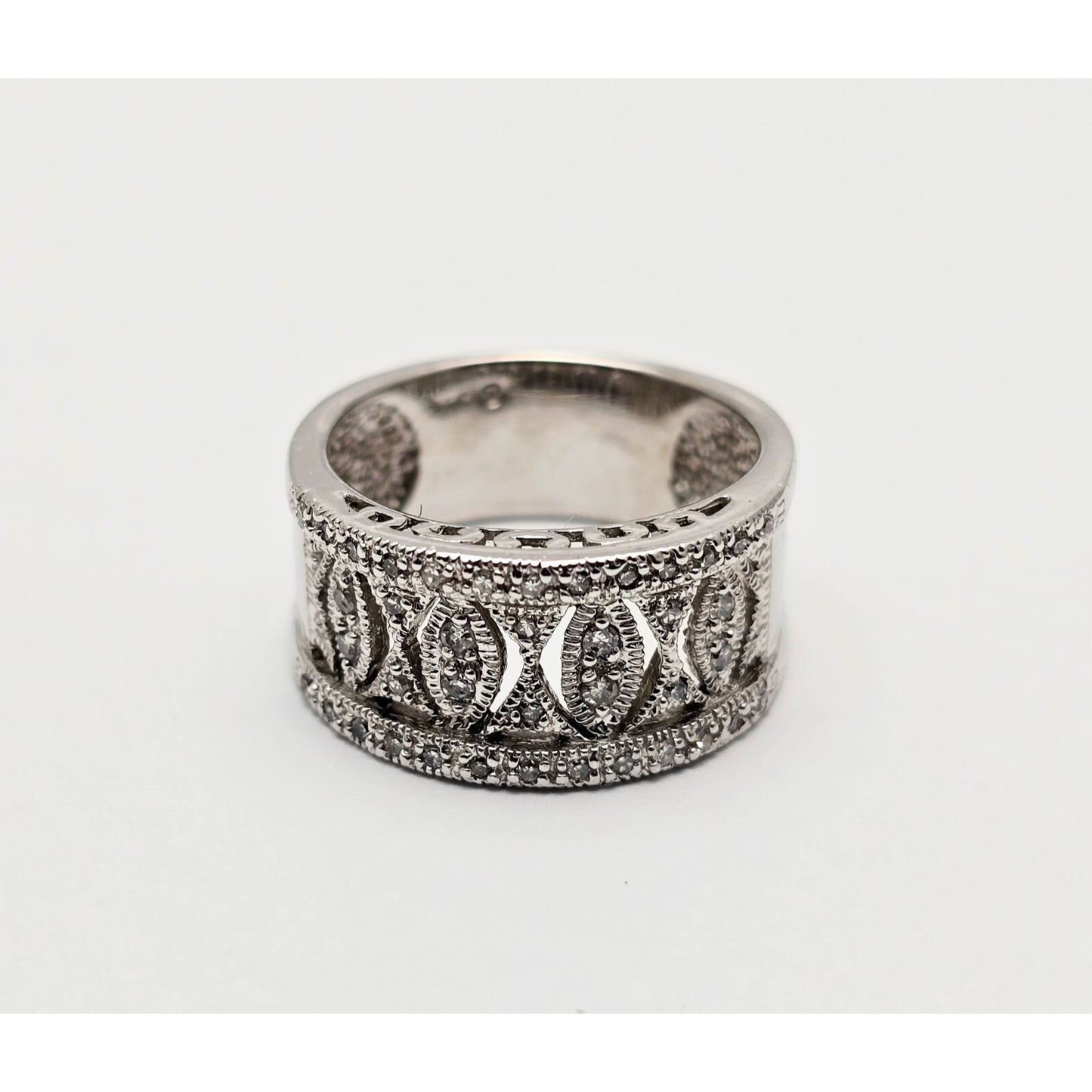 14K Karat White Gold Round Cut Diamond Wide Band Ring