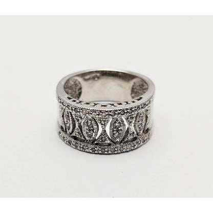 14K Karat White Gold Round Cut Diamond Wide Band Ring