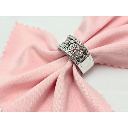 14K Karat White Gold Round Cut Diamond Wide Band Ring