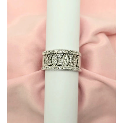 14K Karat White Gold Round Cut Diamond Wide Band Ring