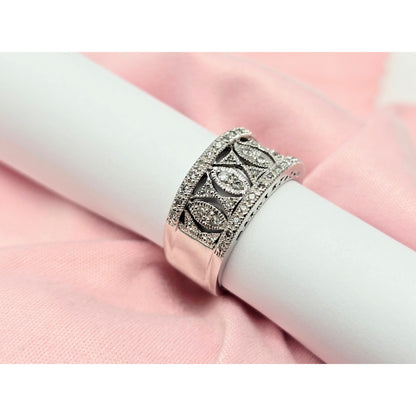 14K Karat White Gold Round Cut Diamond Wide Band Ring
