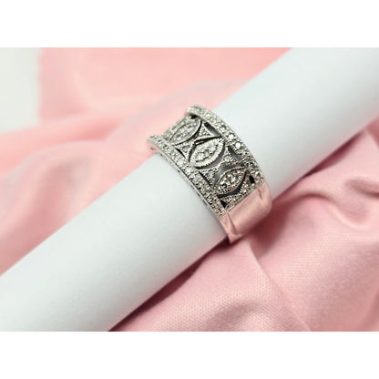 14K Karat White Gold Round Cut Diamond Wide Band Ring