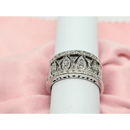 14K Karat White Gold Round Cut Diamond Wide Band Ring