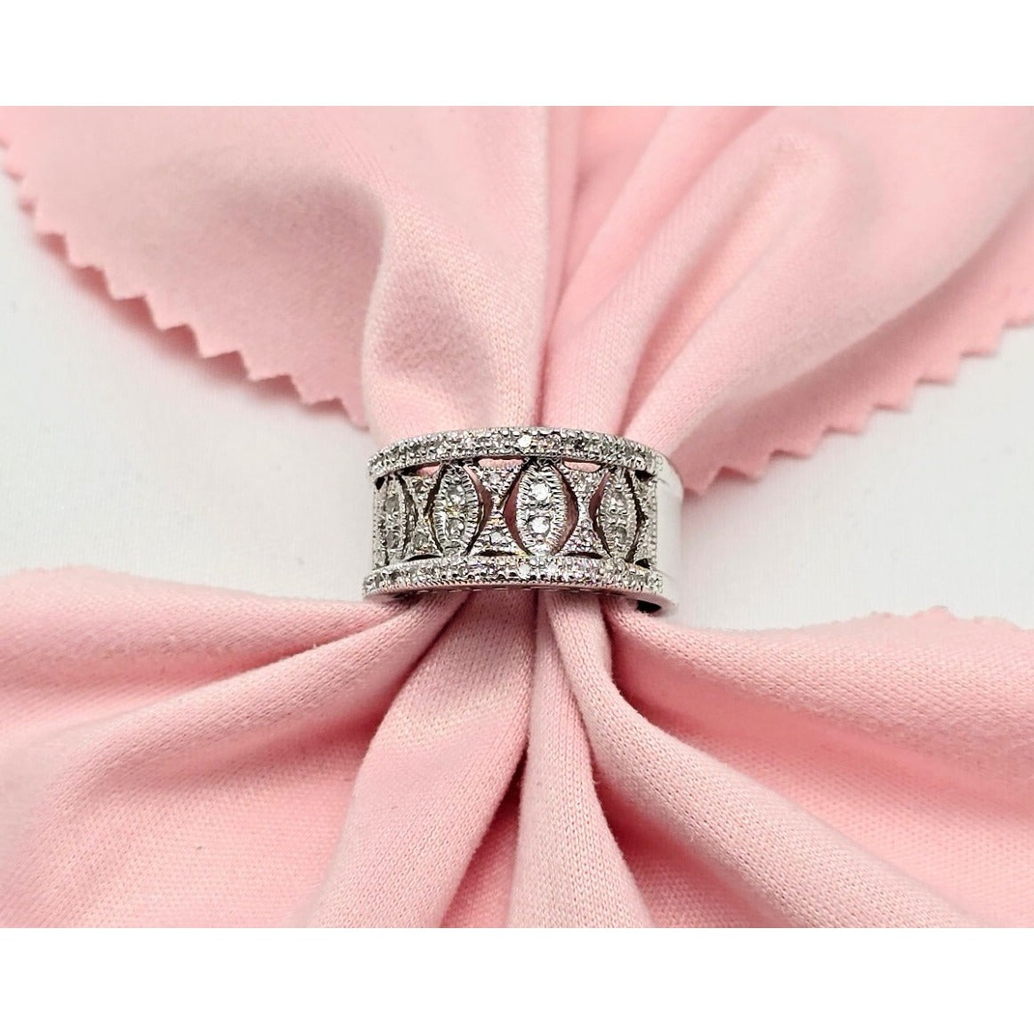 14K Karat White Gold Round Cut Diamond Wide Band Ring