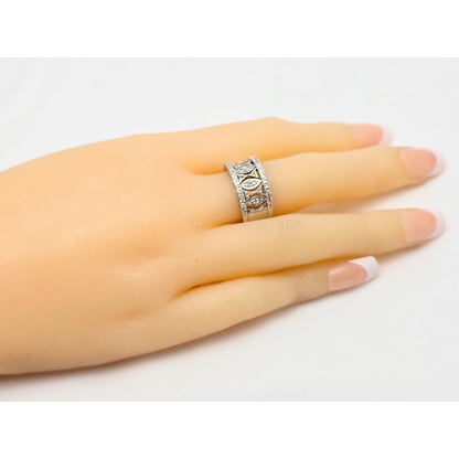 14K Karat White Gold Round Cut Diamond Wide Band Ring