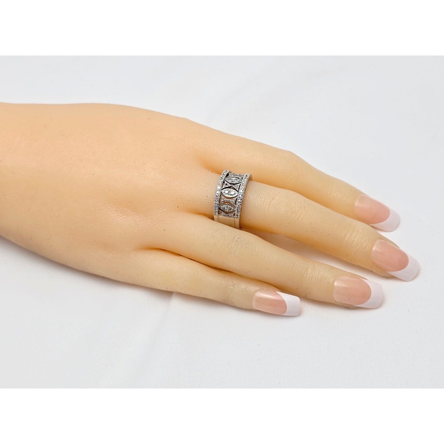 14K Karat White Gold Round Cut Diamond Wide Band Ring