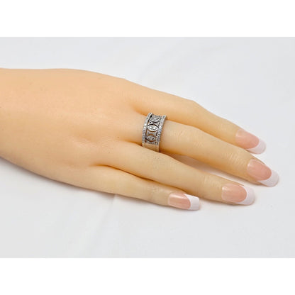 14K Karat White Gold Round Cut Diamond Wide Band Ring