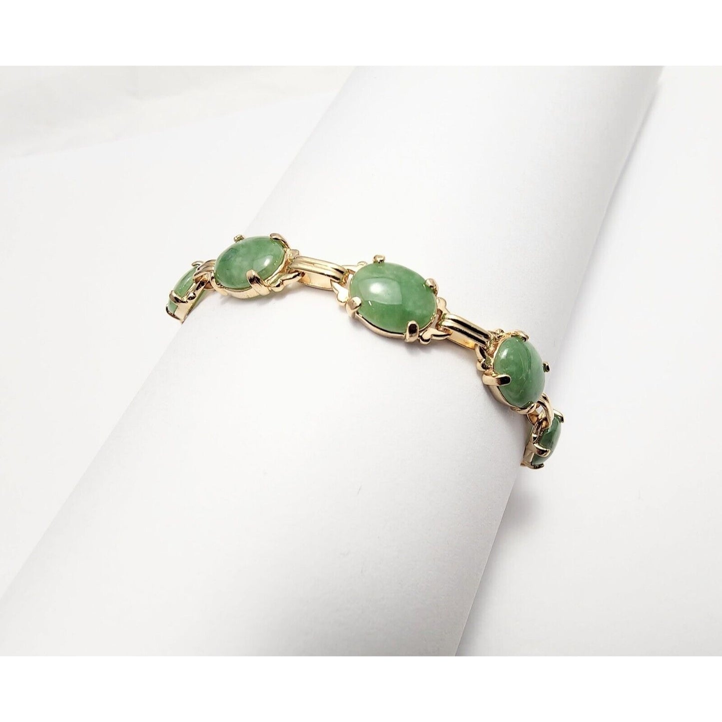 14K Yellow Gold Green Jade Jadeite Link Bracelet