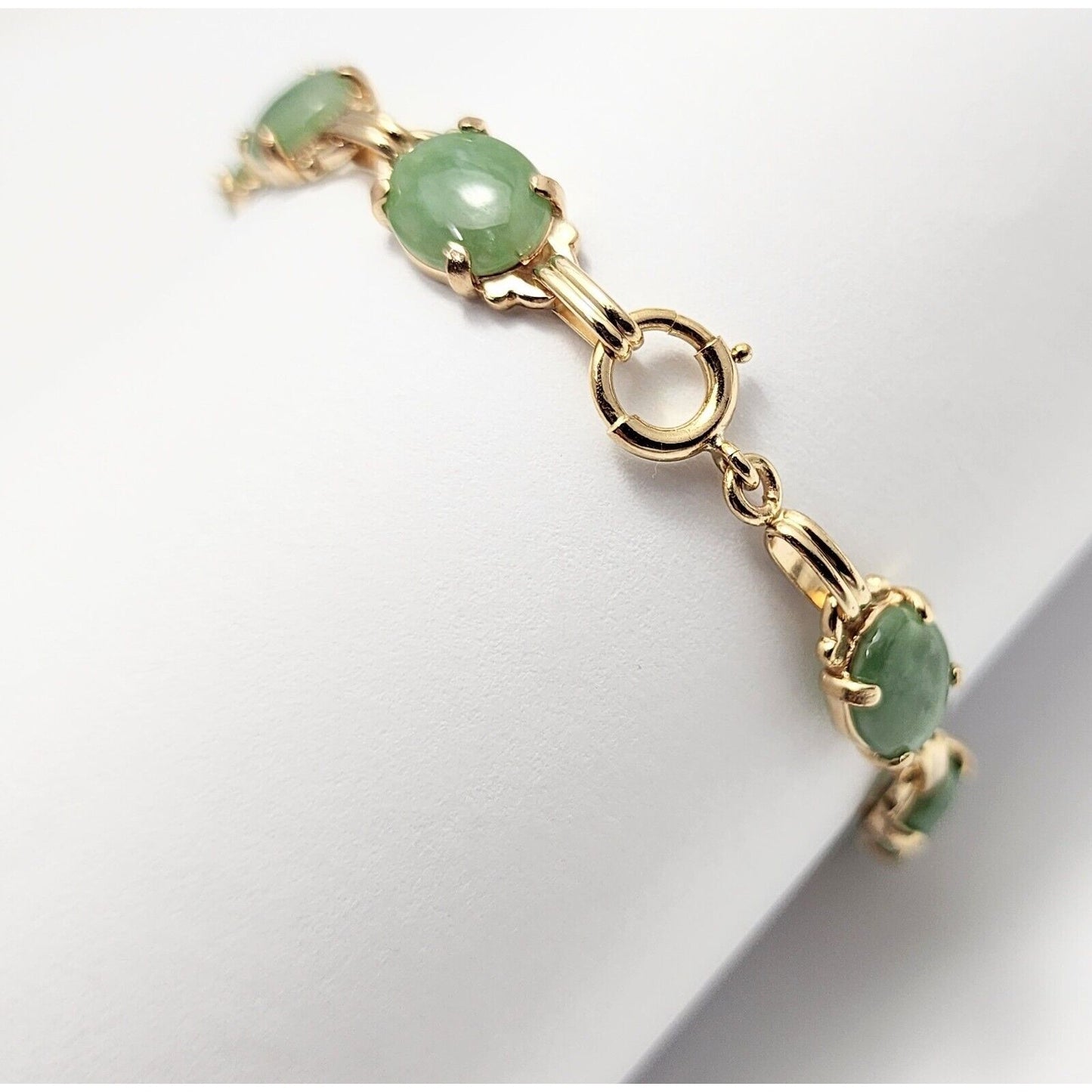 14K Yellow Gold Green Jade Jadeite Link Bracelet