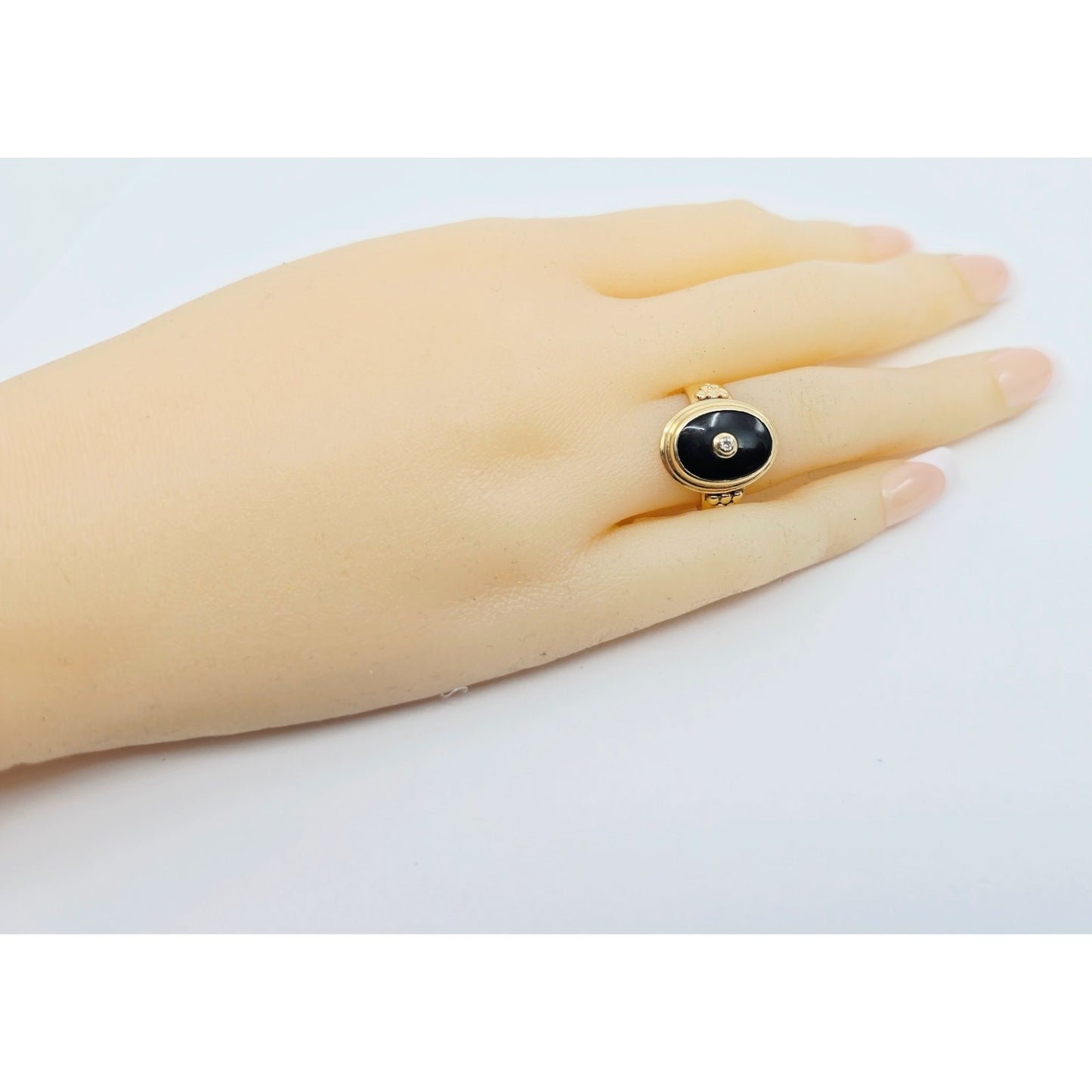 14K Yellow Gold Oval Shaped Onyx & Diamond Ring
