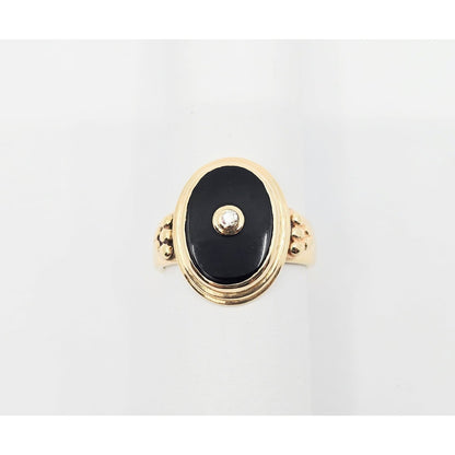 14K Yellow Gold Oval Shaped Onyx & Diamond Ring