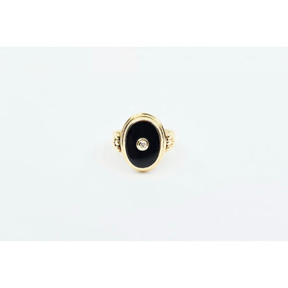 14K Yellow Gold Oval Shaped Onyx & Diamond Ring