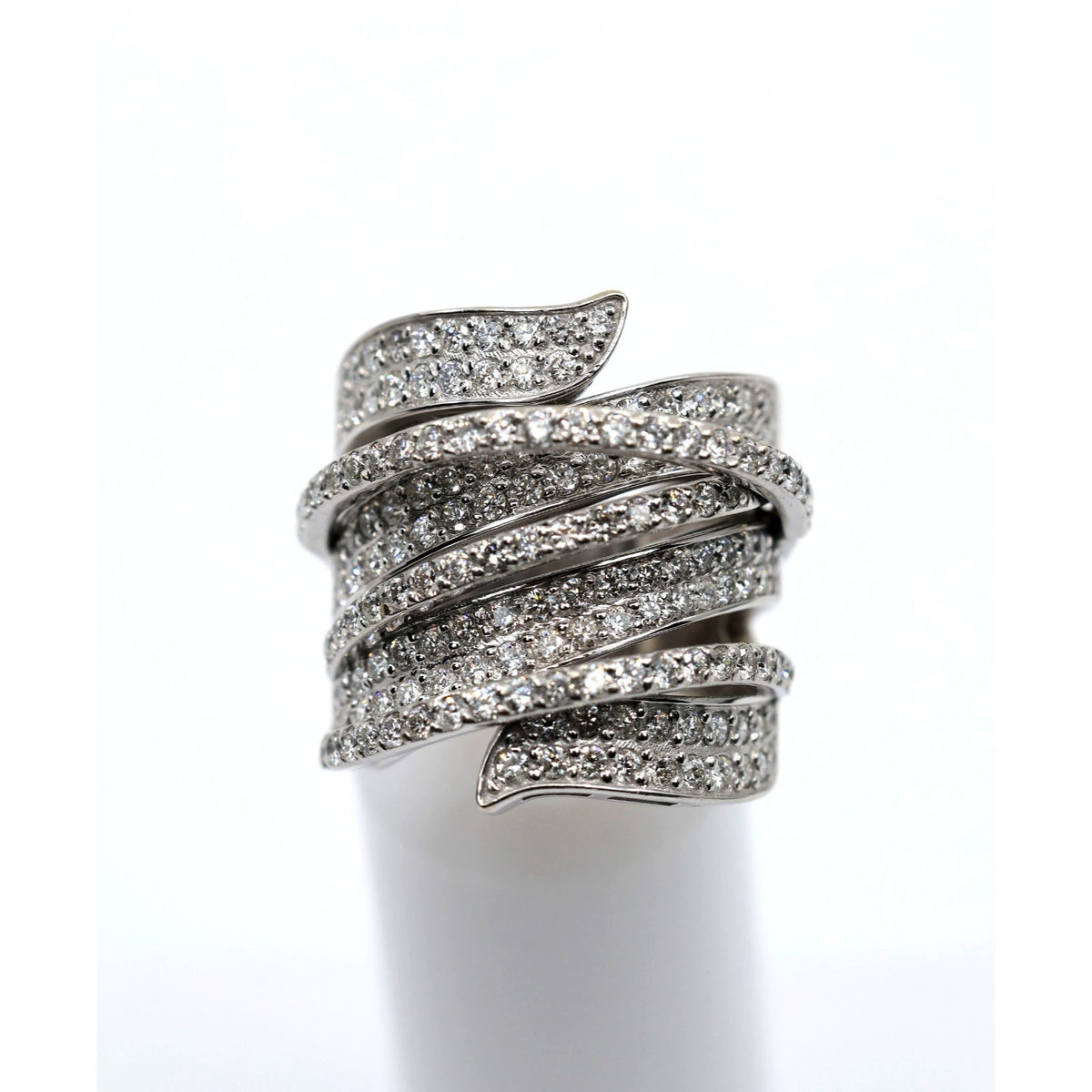 14K White Gold Diamond Pave Multi Row Spiral Wrap Crossover Wide Cocktail Ring