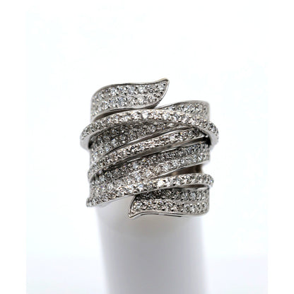 14K White Gold Diamond Pave Multi Row Spiral Wrap Crossover Wide Cocktail Ring