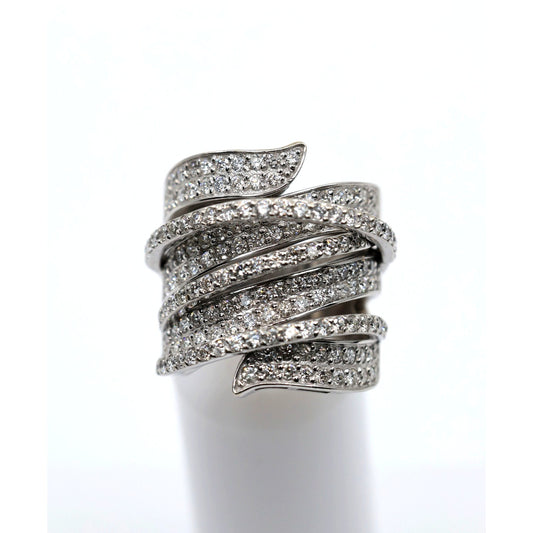 14K White Gold Diamond Pave Multi Row Spiral Wrap Crossover Wide Cocktail Ring