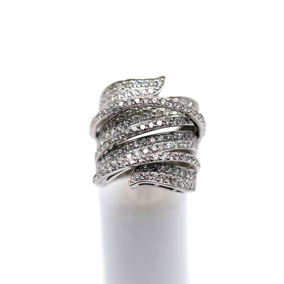 14K White Gold Diamond Pave Multi Row Spiral Wrap Crossover Wide Cocktail Ring