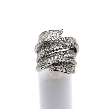 14K White Gold Diamond Pave Multi Row Spiral Wrap Crossover Wide Cocktail Ring