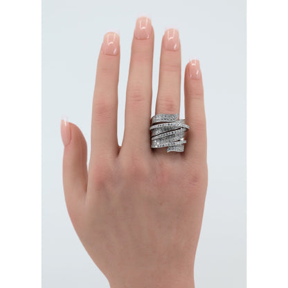 14K White Gold Diamond Pave Multi Row Spiral Wrap Crossover Wide Cocktail Ring