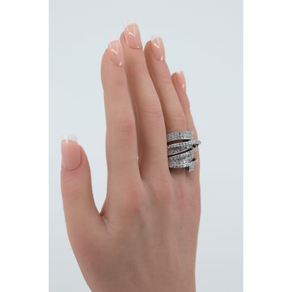 14K White Gold Diamond Pave Multi Row Spiral Wrap Crossover Wide Cocktail Ring