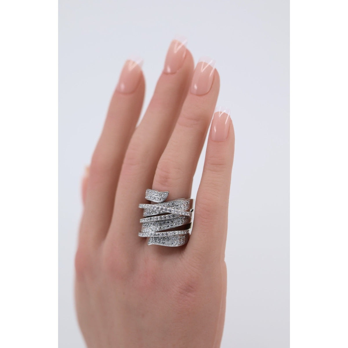 14K White Gold Diamond Pave Multi Row Spiral Wrap Crossover Wide Cocktail Ring