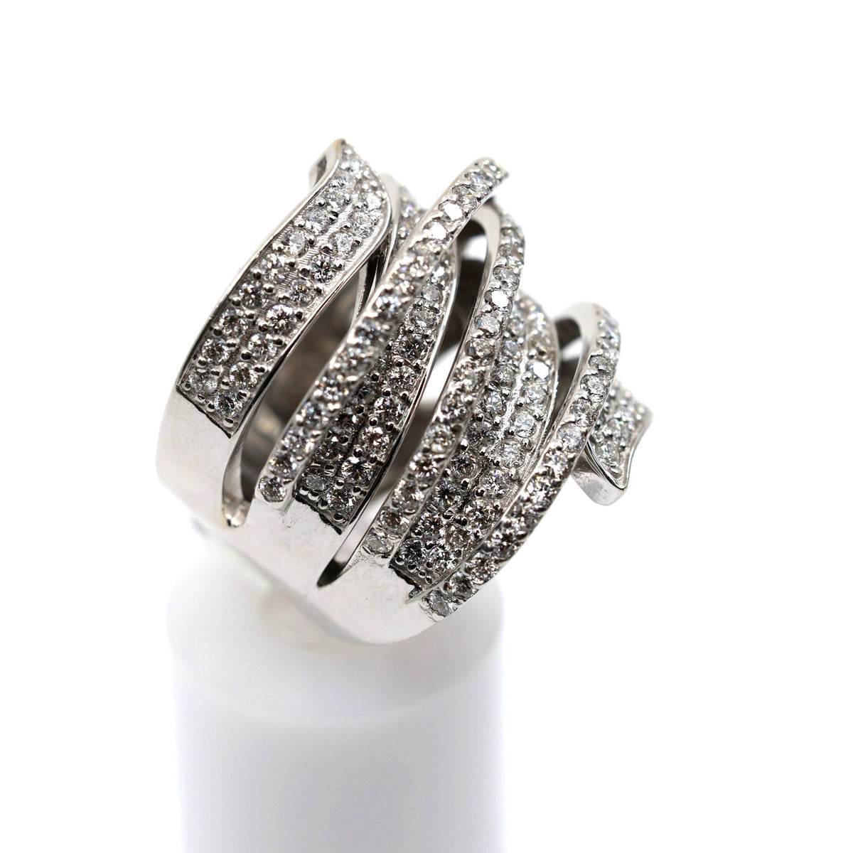 14K White Gold Diamond Pave Multi Row Spiral Wrap Crossover Wide Cocktail Ring