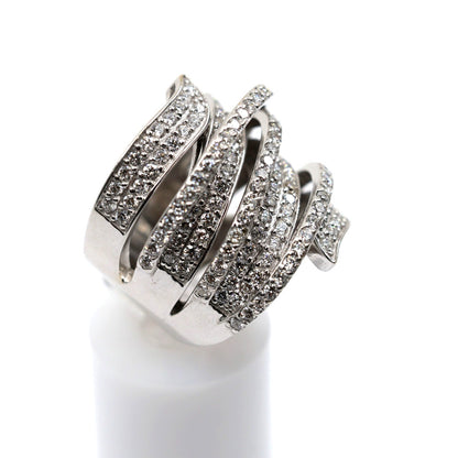 14K White Gold Diamond Pave Multi Row Spiral Wrap Crossover Wide Cocktail Ring