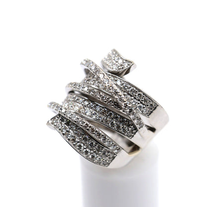 14K White Gold Diamond Pave Multi Row Spiral Wrap Crossover Wide Cocktail Ring