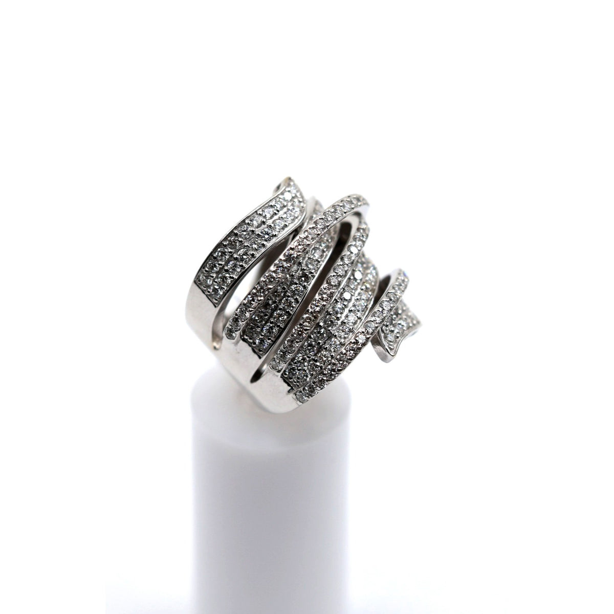 14K White Gold Diamond Pave Multi Row Spiral Wrap Crossover Wide Cocktail Ring