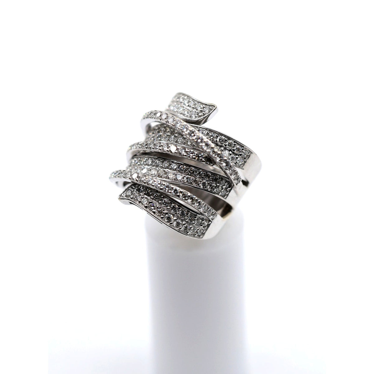 14K White Gold Diamond Pave Multi Row Spiral Wrap Crossover Wide Cocktail Ring