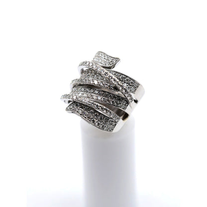 14K White Gold Diamond Pave Multi Row Spiral Wrap Crossover Wide Cocktail Ring