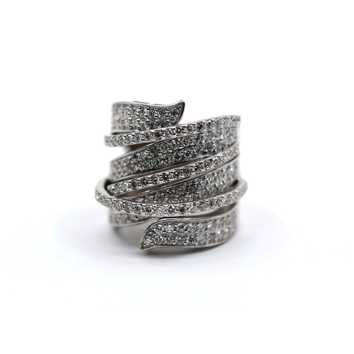 14K White Gold Diamond Pave Multi Row Spiral Wrap Crossover Wide Cocktail Ring