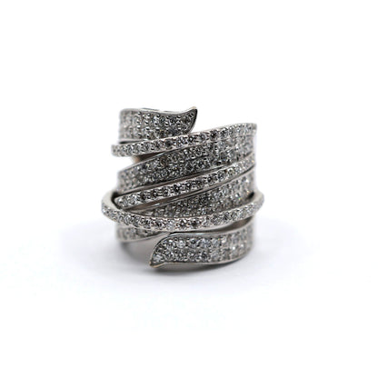 14K White Gold Diamond Pave Multi Row Spiral Wrap Crossover Wide Cocktail Ring