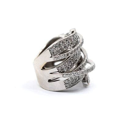 14K White Gold Diamond Pave Multi Row Spiral Wrap Crossover Wide Cocktail Ring