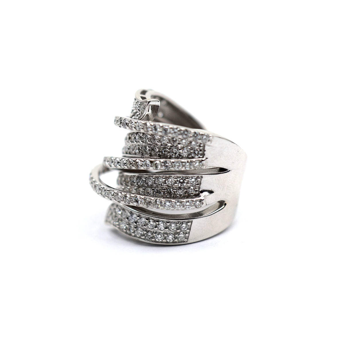 14K White Gold Diamond Pave Multi Row Spiral Wrap Crossover Wide Cocktail Ring