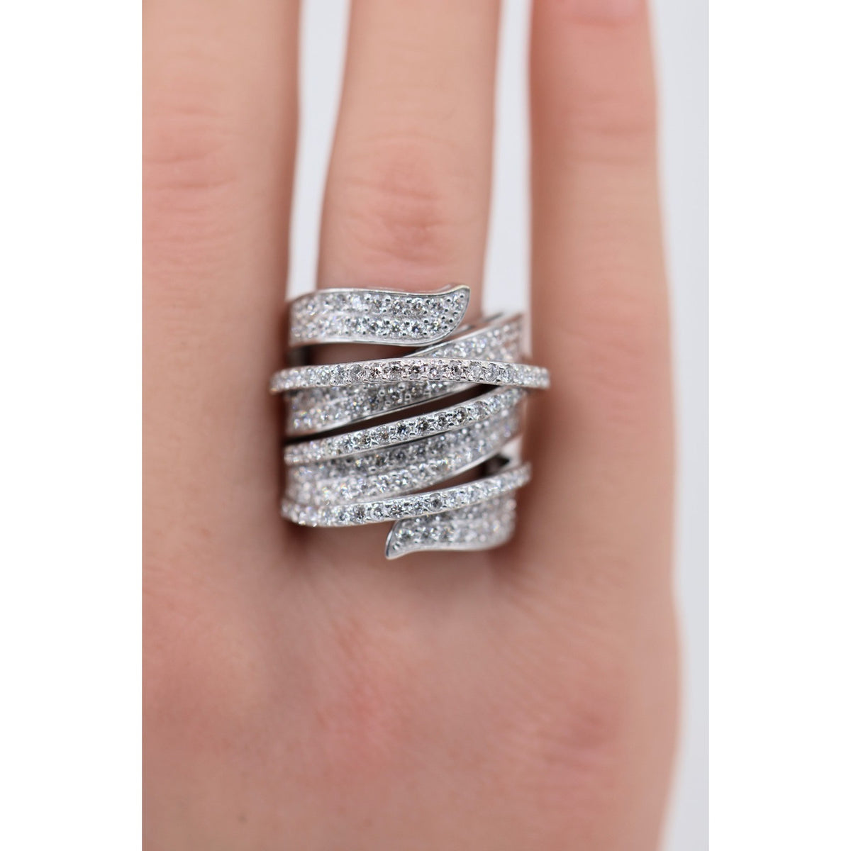 14K White Gold Diamond Pave Multi Row Spiral Wrap Crossover Wide Cocktail Ring